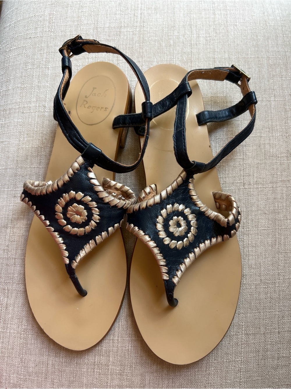Jack Rogers navy blue and Gold Embroidered Leather Sandals
